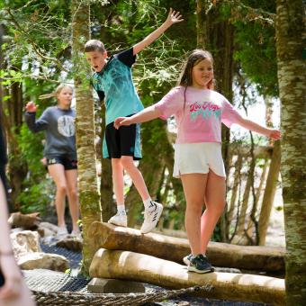 Children balancing on wooden logs in the woods